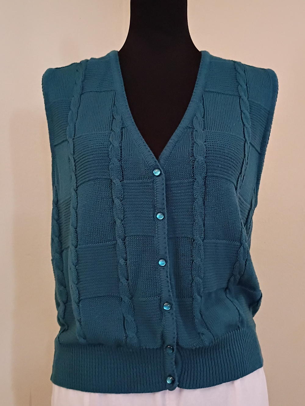 Teal V-Neck Cable Knit Button-Front Sweater Vest Vintage